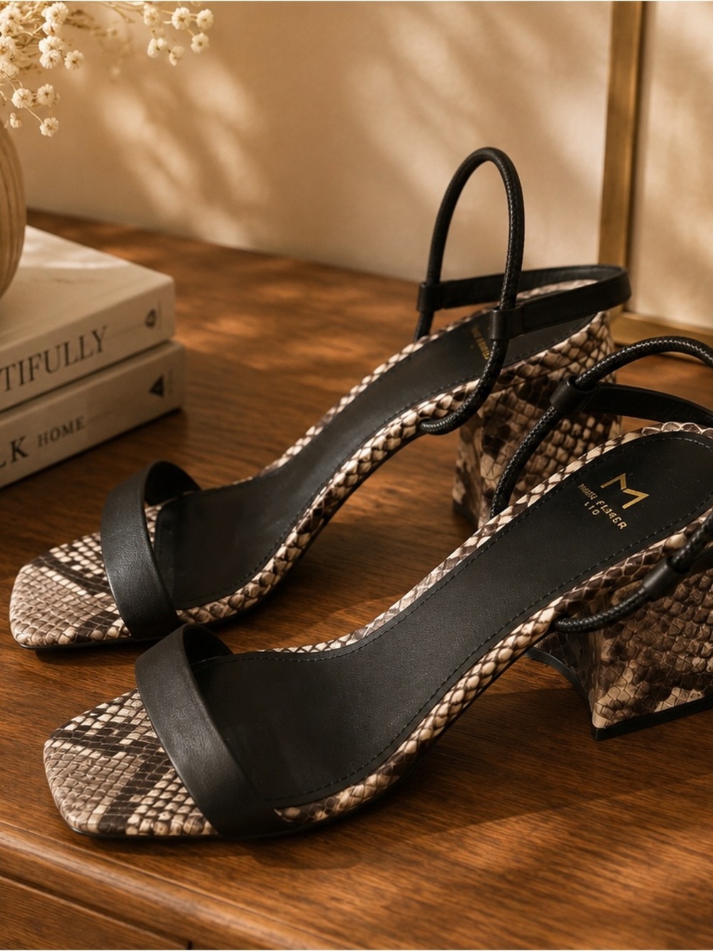 Marc Fisher Black Sandal with Brown Snake-Print Block Heel